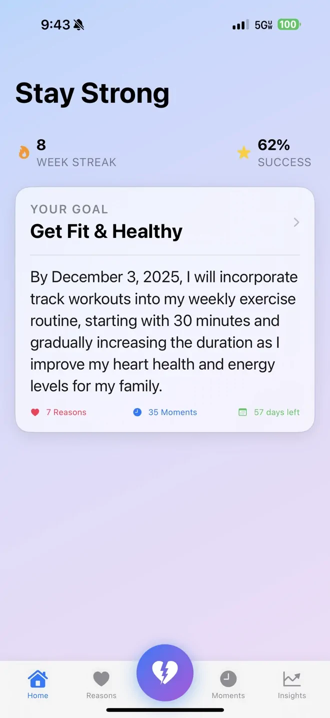 Moment of Weakness app home screen showing the main trigger button and current streak counter
